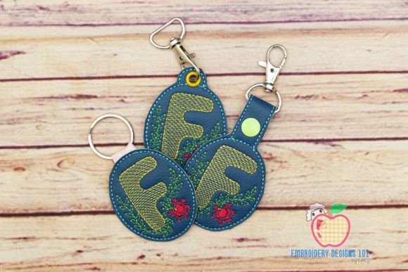 Letter F with Floral Design ITH KeyFob
